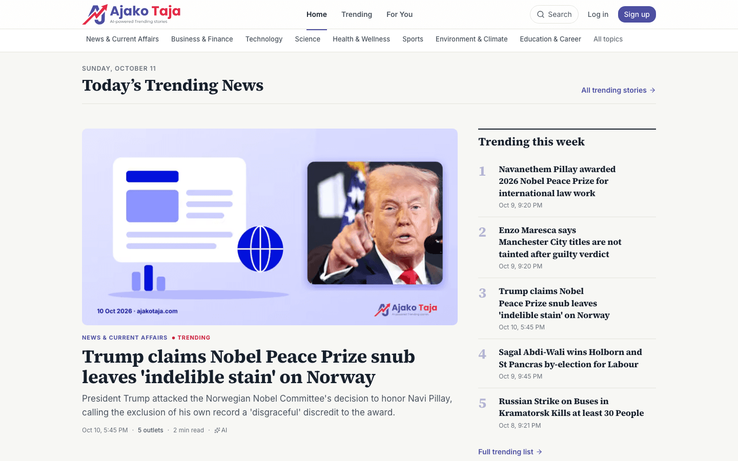 Ajako Taja homepage showing today's trending stories