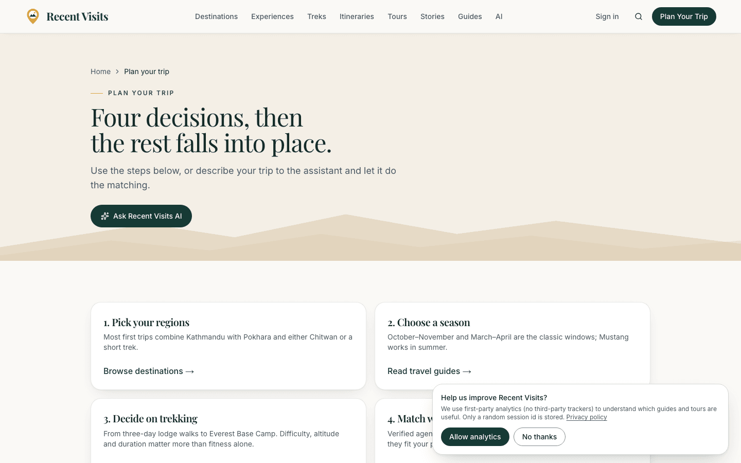 Recent Visits trip planner with the AI assistant entry point
